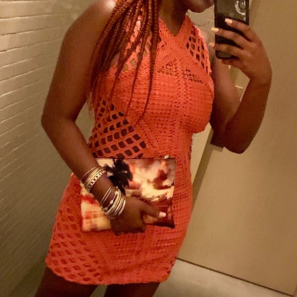 ORANGE V-NECK CUTOUT LATTICE MINI DRESS - Picture 4 of 4